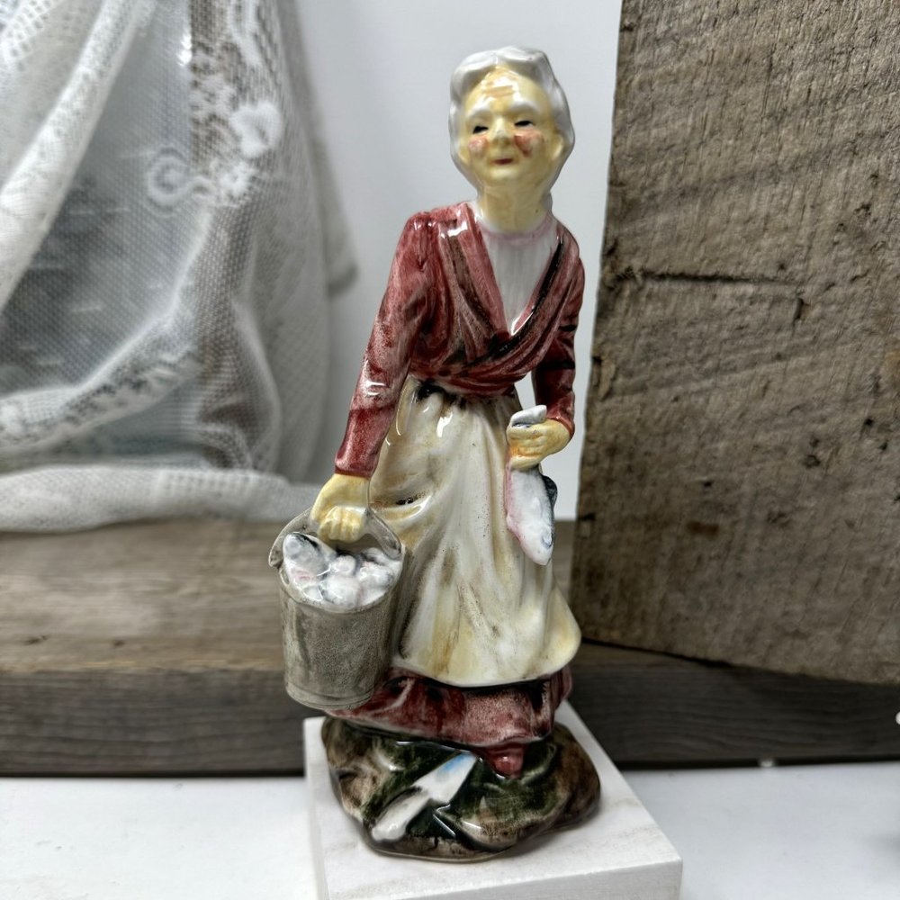 Vintage Figurine Older Woman with Fish Japan